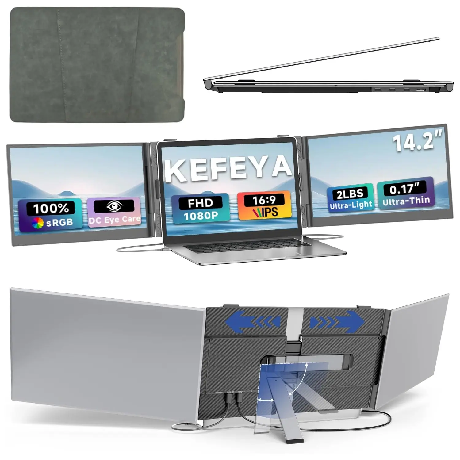 KEFEYA Triple Laptop Screen Extender - 14" 1080P FHD Ultra-Thin 0.17" PC Monitor, 2.2 LB Lightweight Triple Displays, USB-C HDMI Plug-and-Play for 13-17.3" Laptops, Blue Light Filter, Reverse Charge for Work Travel