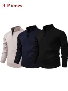 3-Pack Men's Half-Zip Stand Collar Sweaters, Anti-Pilling Soft Fabric, Windproof Design, Casual Fall & Winter Wear, Comfortable and Stylish