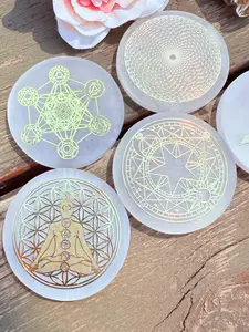 Celestite Crystal Plate, Engraved Solid Round Coaster, Home Office Desk Decor for Mindfulness and Energy