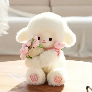 Adorable Plush Doll of a Cartoon Sheep Holding a Flower, Featuring a Fluffy Simulation Lamb Design. This Cute Kawaii Animal Plush Toy Makes a Perfect Birthday Gift