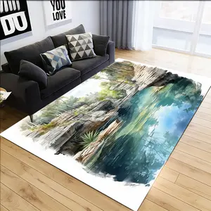 Fashion and practical flannel carpet, natural rock and water pool landscape, suitable for living room/bedroom/entrance/office/gaming room, warm home, universal for ins style, machine washable, decorative carpet