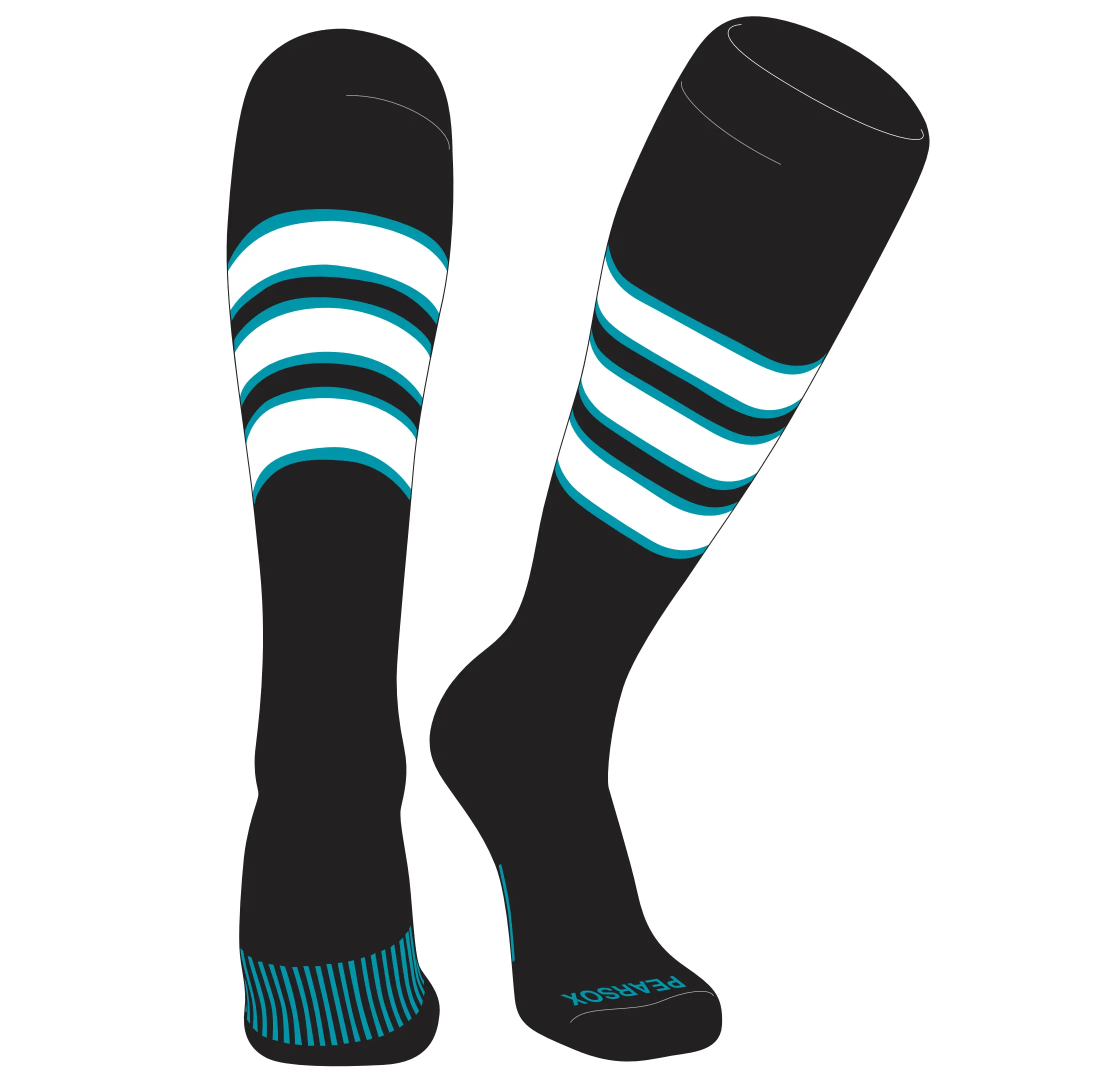 Pear Sox Striped Knee High Baseball, Football Socks (C) Black, Marlin Teal, White