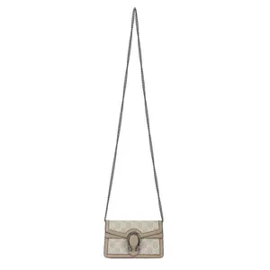 Gucci Dionysus Distressed Tiger-Head Logo Canvas and Leather Chain Crossbody Bag for Women, Beige and White