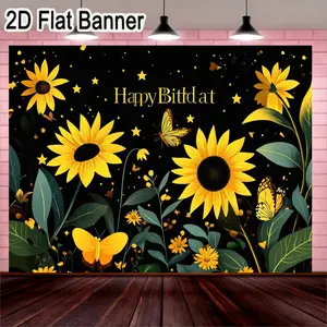 2D flat banner, 1pcWhimsical Black Background Floral Happy Birthday Banner, Bright Yellow Sunflowers and Butterflies Decorative Backdrop for Floral Theme Party Celebrations