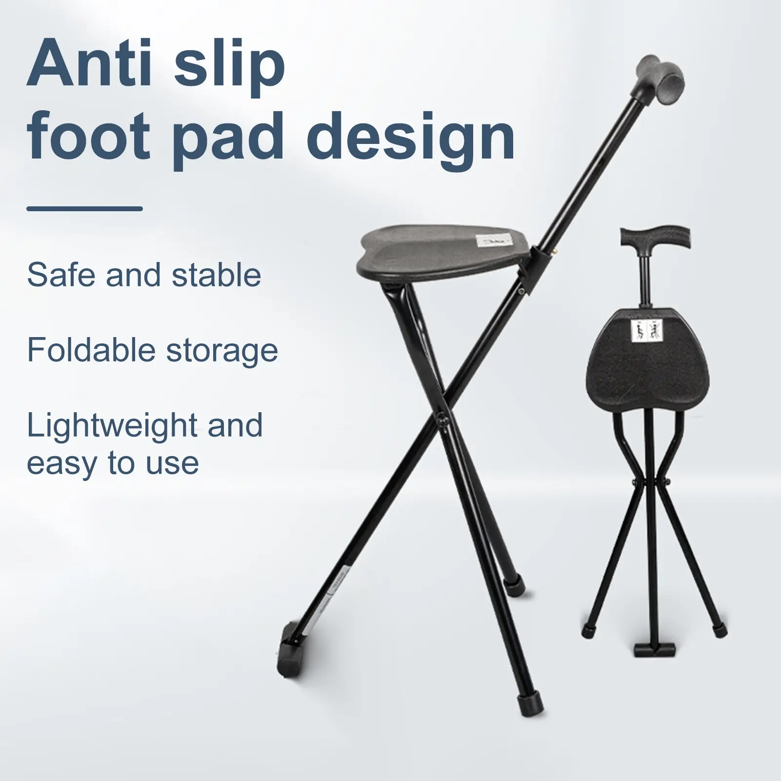 #Springtok 300 Lbs Crutch Stool with Seat Lightweight Folding Walking Stick Chair Portable Cane for Senior Elderly Camping Hiking Healthcare Equipment Black