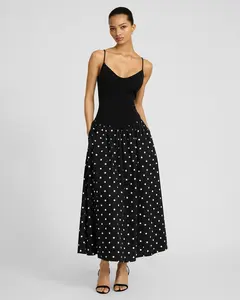 Express Polka Dot Mixed Media V-Neck Drop Waist Midi Dress with Pockets