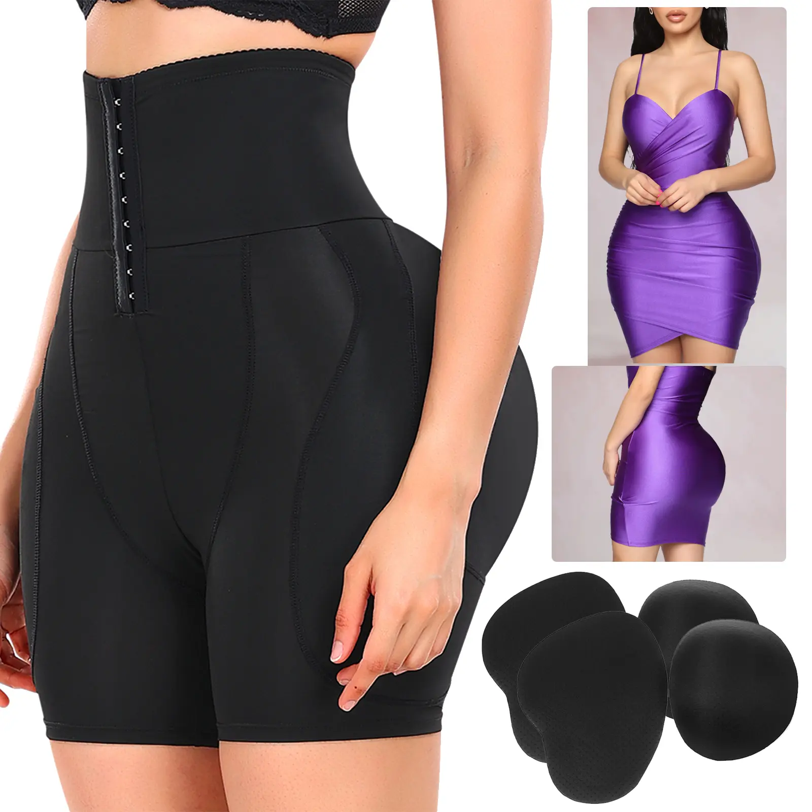 Women Hip Padded Butt Lifter Shapewear Tummy Control Shorts Hook Closure Removable 4 Pads for Bigger Butt