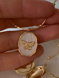 Vintage Oval Shell Locket Necklace | 14K Gold Plated Butterfly Charm | Elegant Daily & Party Wear