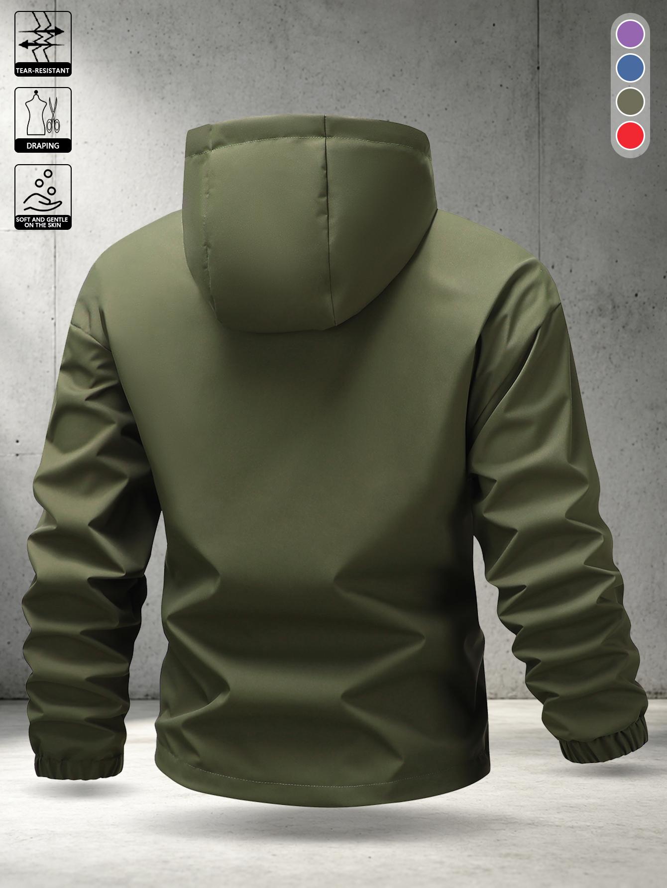 American workwear solid-color men’s army green hooded functional jacket, relaxed drop-shoulder design that doesn’t restrict movement, hidden safety zipper pockets, wear-resistant wrinkle-resistant woven fabric, multi-scenario hiking outerwear