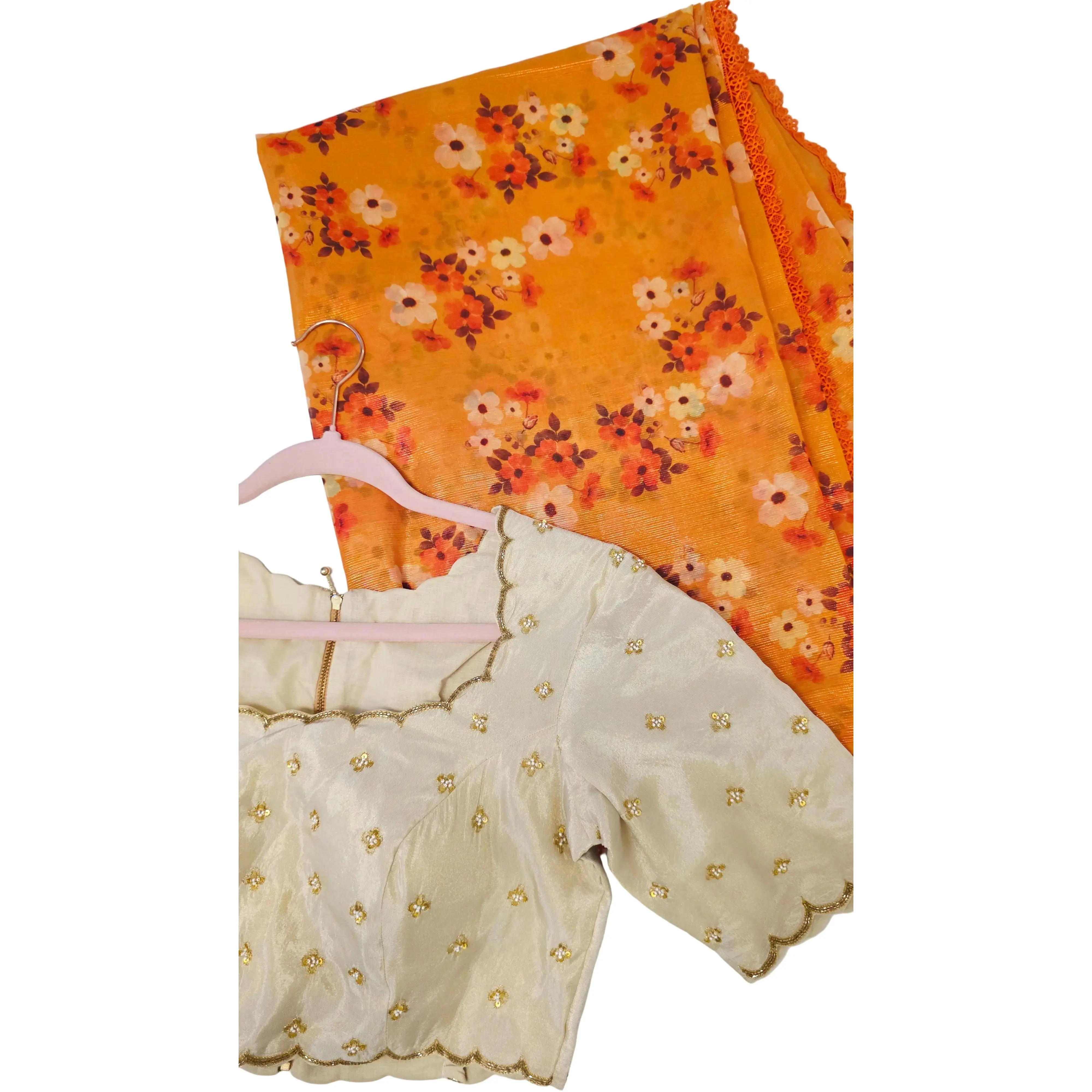Womens Orange Cocktail Saree with designer blouse