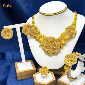 Indian Gold Plated Jewelry Set For Women African Bridal 24K Gold Color Big Flower Necklace Earrings Set Dubai Nigerian Wholesale