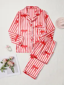 Women's Long Sleeve Striped Pajama Set, Elegant Loose Fit Sleepwear, Valentine's Day Bow Print Loungewear, All Season Home Wear