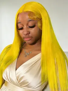 Straight Yellow Human Hair Wigs 13x4 Transparent Lace Frontal Human Hair Wigs lemon yellow Colored