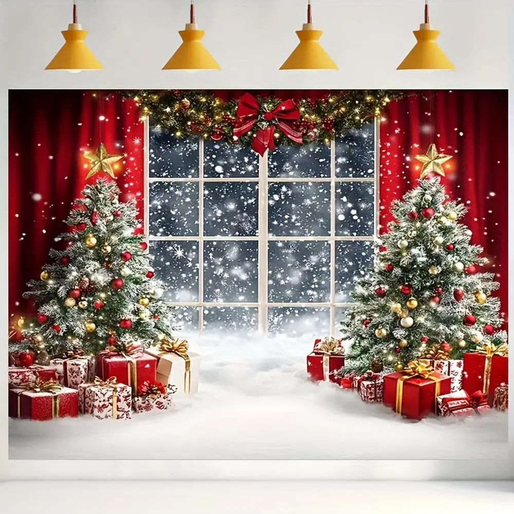 1pc Self-Lit 2D Flat Christmas Window Backdrop, Polyester Fabric with Winter Scene, Red Curtain, Twinkling Magical Party Lighting, Ornaments, Golden Baubles, Holiday Home & Photoshoot Supplies