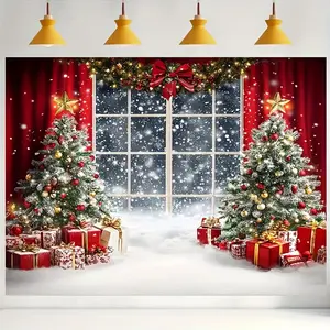 1pc 2D Flat Self-Lit Free Christmas Window Backdrop with Snowy Winter Scene Red Curtain Polyester Fabric Holiday Decoration Twinkling Lights Snow-Covered Trees Golden Baubles Pre