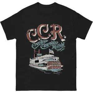 CCR Band Tribute Retro Tee Creedence Clearwater Revival with Steamboat Graphic Black T Shirt Cotton Menswear Top Casual Tshirt