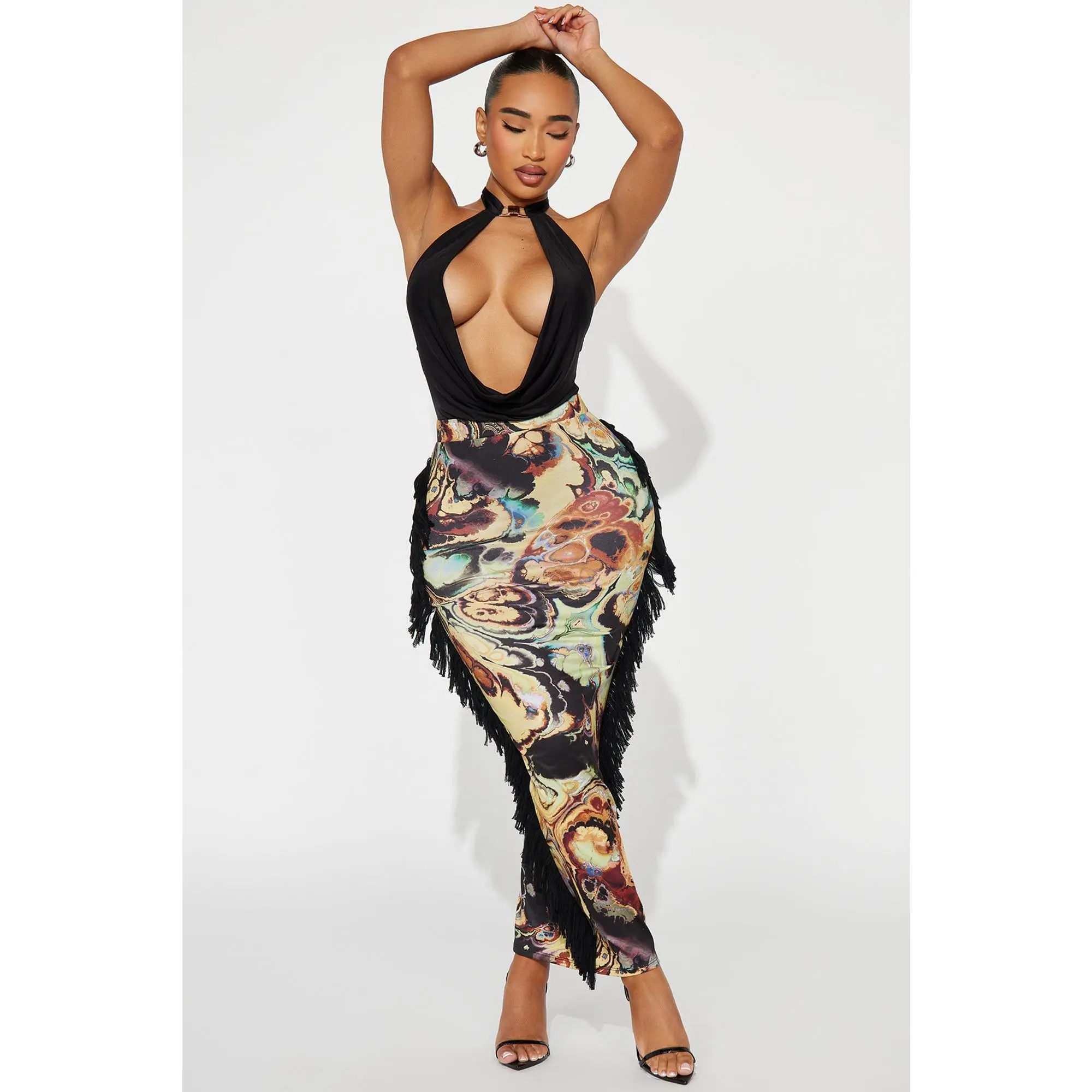 All At Once Fringe Maxi Skirt - Yellow/combo