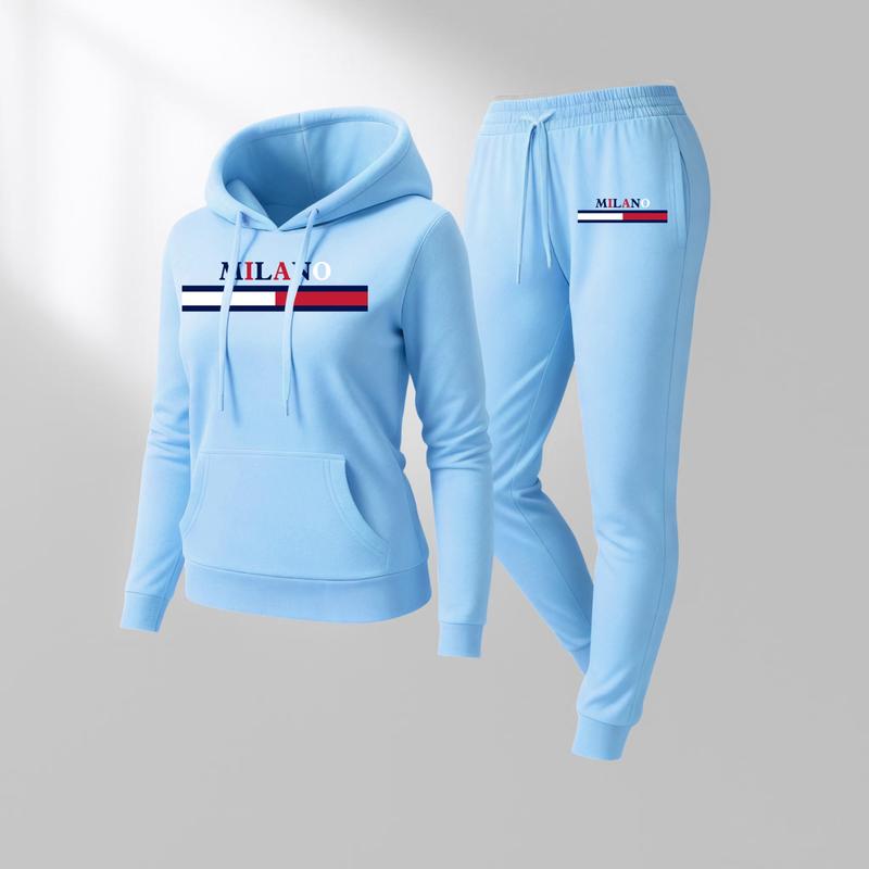 Women's MILANO Print Hoodie And Drawstring Track Pants Set, Casual Sportswear, Long-Sleeved Hooded Jacket And Pants, Suitable For Autumn And Winter, Everyday Wear, Indoor And Outdoor Sportswear, Casual Sportswear.