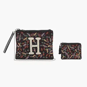 H Initial Embellished Pouch with Coin Bag - Hand Beaded Floral Design Fall Colors 10.5" x 7.5" Pouch & 6" x 4.5" Coin Bag Set