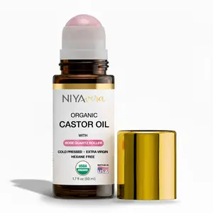 Niyavera Organic Castor Oil Roll on with Rose Quartz Cold Pressed Hexane Free 1.7 oz USDA Certified Unrefined for Face & Body