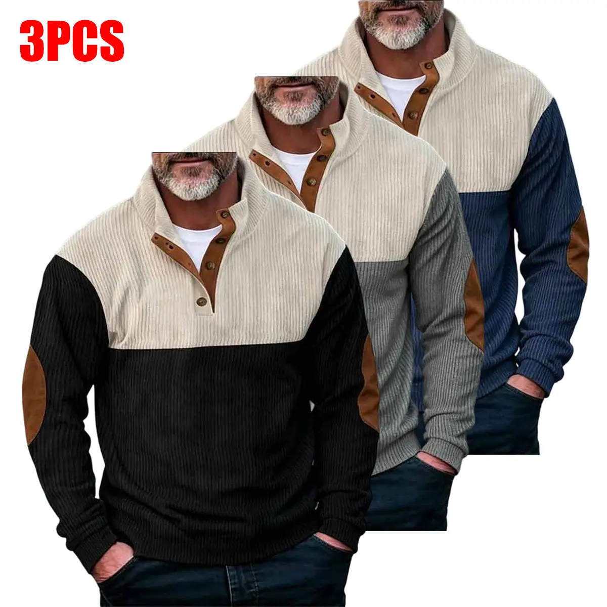 Men’s Corduroy Pullover Sweater - 3-Piece Color-Block Design, Button Closure, Tops for Everyday Wear, Leisure & Business Settings - Autumn/Winter Menswear Apparel