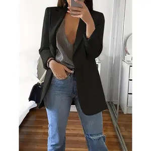 Solid Color Open-Front Pocket Blazer, Elegant Long-Sleeve Lapel Simple Outerwear for Office & Work, Women’s Clothing