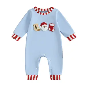 Newborn Baby Christmas Romper Santa Embroidery Striped Crew Neck Long Sleeve Full Length Jumpsuit