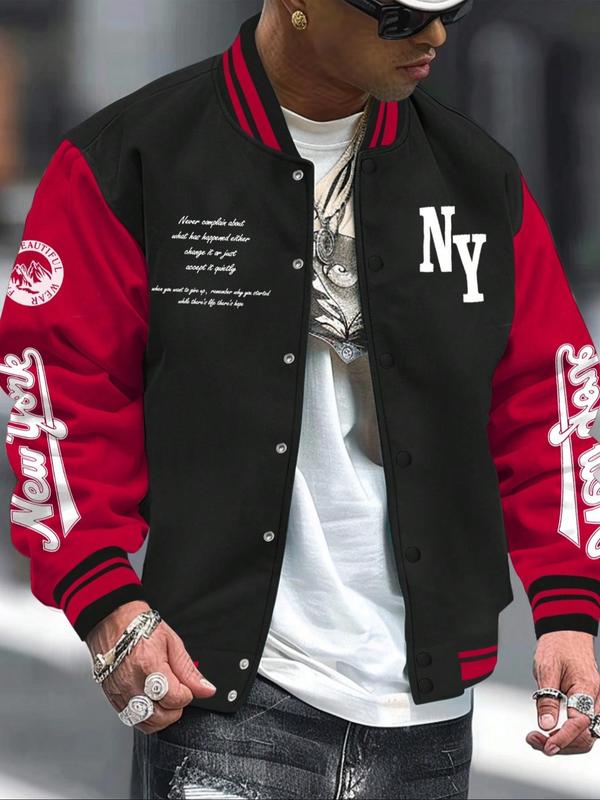 Men's Letter Print Baseball Collar Bomber Jacket, Loose Casual Sporty Long Sleeve Varsity Jacket for Fall & Winter, Men's Outerwear for Daily Wear Men's Letter Print Baseball Collar Bomber Jacket, Loose Casual Sporty Long Sleeve Varsity Jacket for Fall & Winter, Men's Outerwear for Daily Wear