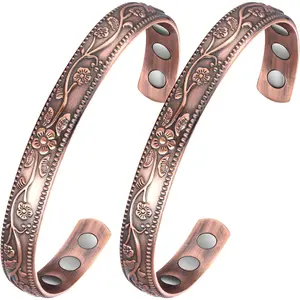2Pcs Magnetic Copper Bracelets for Women, Vintage Flower 99.99% Pure Copper Bracelets with 3500 Gauss Magnets, Adjustable Cuff Jewelry with Gift Box