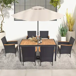 COSTWAY 7 Pieces Outdoor Dining Set, Patio Conversation Set with Umbrella Hole, Acacia Wood Tabletop & Seat Cushions, Dining Table with 6 Rattan Wicker Chairs for Backyard Poolside Deck-COSTST