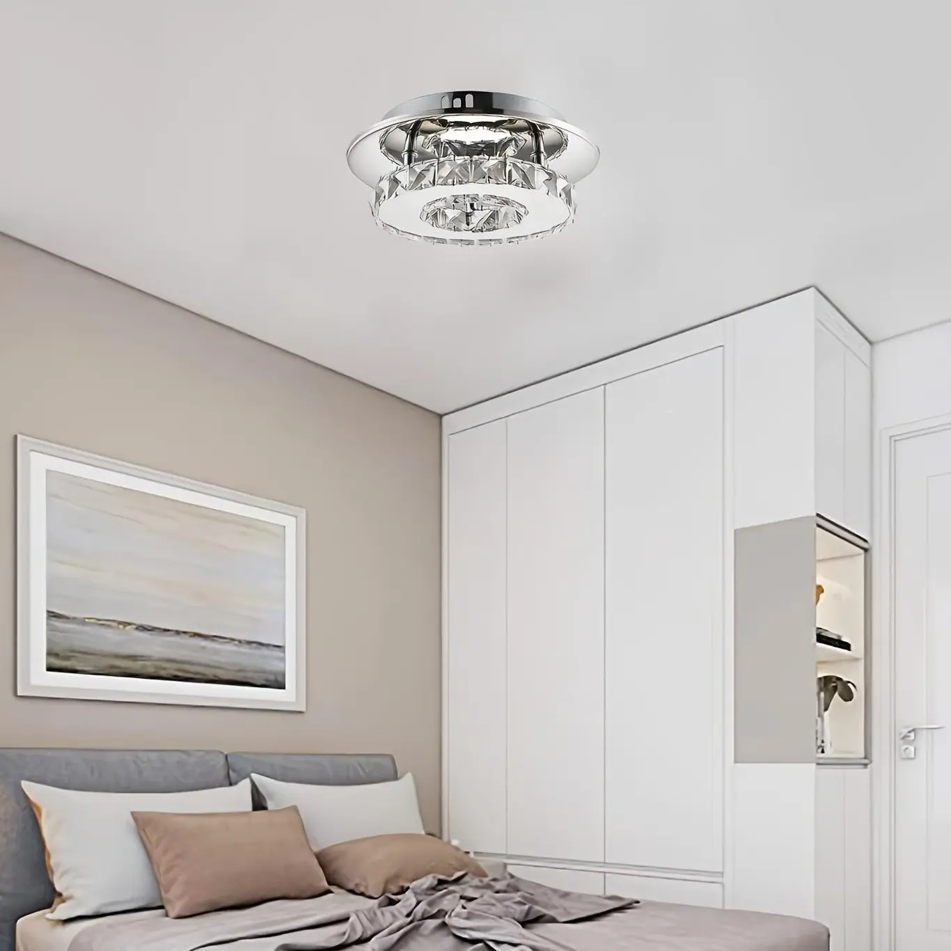 7.9Inch Modern Crystal Chandelier, LED Ceiling Light, Stainless Steel Crystal Mini Round Flush Mount Ceiling Lamp for Dining Room Living Room Bedroom Hallway (12W/6500K/Cool White)