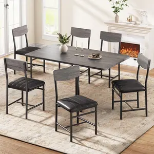 Jocoevol Industrial Dining Chairs Set of 6 - Upholstered Dining Room Chairs with PU Leather, Kitchen Chairs with Wooden Backrest and Thickened Metal Legs, for Dining Room, Living Room（Gray）