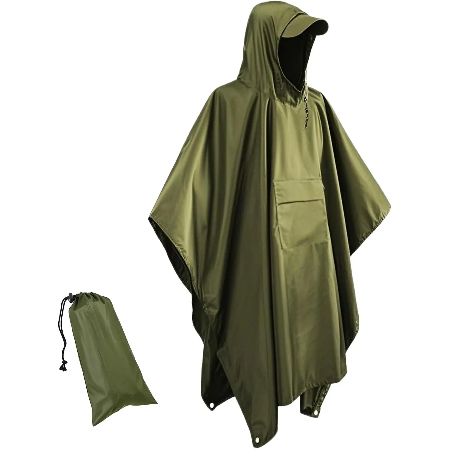 All-Seasons Waterproof Lightweight Hooded Rain Poncho with Pocket for Adults, Outdoor Hiking Home Supplies Rainwear, Green