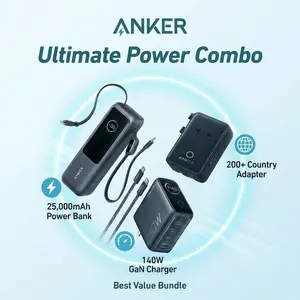 Anker Portable Laptop Power Bank with Built-In Cables, 25,000mAh High-Capacity Battery+Anker Nano Adapter, 5-in-1 Ultra-Compact Global Charger+Anker 140W GaN Laptop Charger, 4-Port Power Adapter with Intuitive Touch Controls