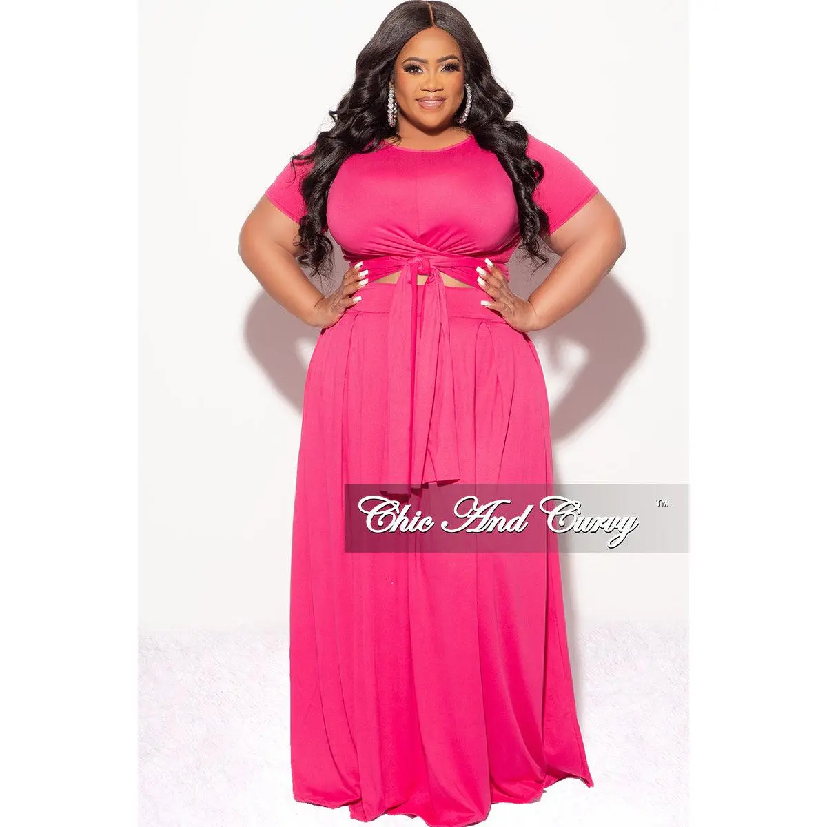 Final Sale Plus Size 2pc Short Sleeve Tie Top and Skirt Set in Fuchsia Pink