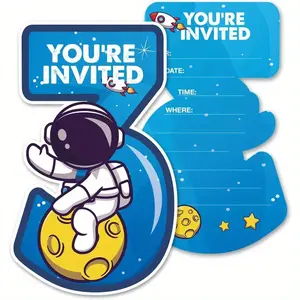 Astronaut Pattern Invitation Card, 24pcs/set Cute Astronaut Night Shaped Invitations Card, Outer Space 3rd Birthday Party Invitations with Envelopes