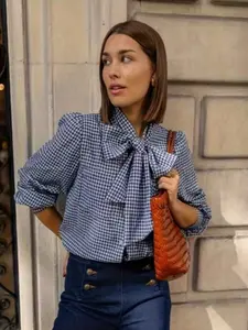 Elegant Plaid Bow Tie Blouse, Long Sleeve Hidden Blue Shirt for Women, Spring & Fall, Versatile and Stylish Design