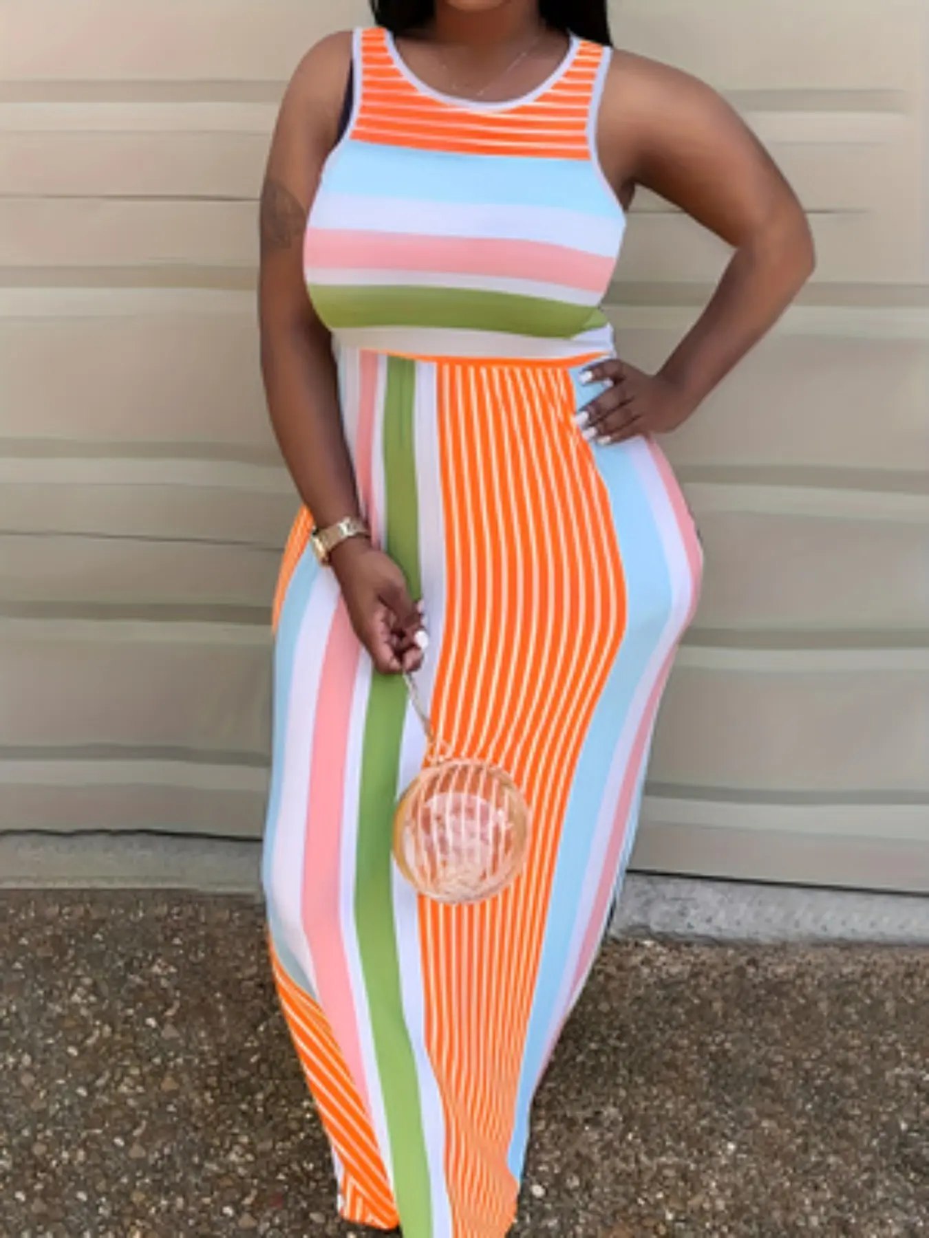 Women's Sleeveless Round Neck Striped Dress, Fashion Street Style Sexy Bodycon Dress, Casual Trendy Boho Womenswear