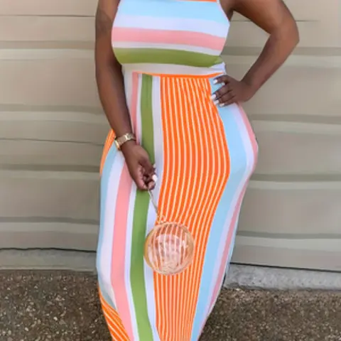 Women's Sleeveless Round Neck Striped Dress, Fashion Street Style Sexy Bodycon Dress, Casual Trendy Boho Womenswear, Boho Style Clothes, Summer, Boho Summer Dresses
