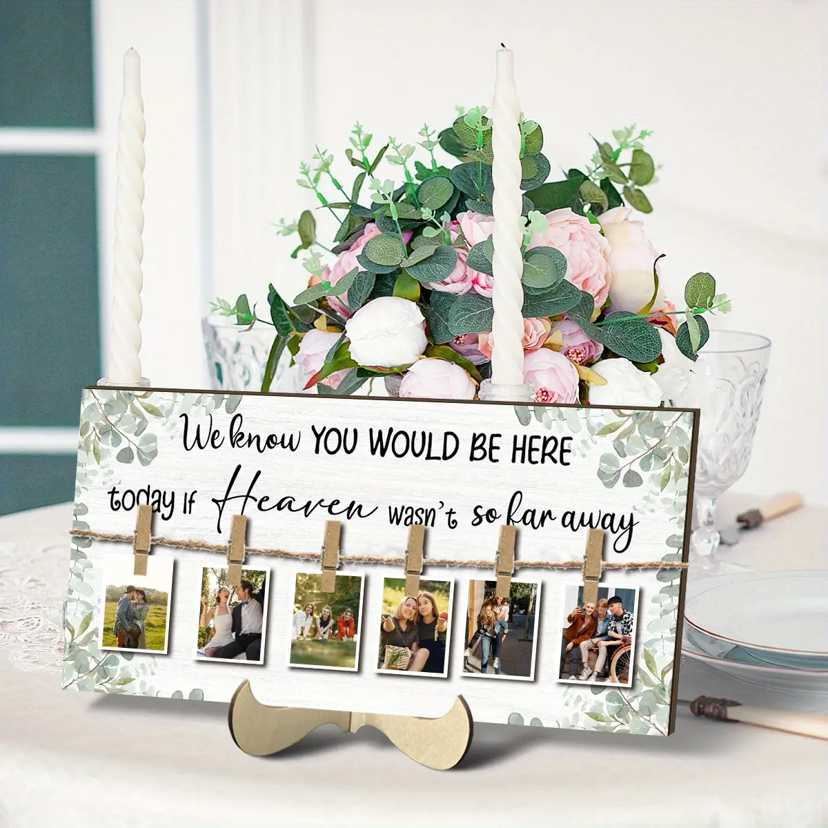 Wooden Photo Frame, 1 Count Wedding Sign with 6 Counts Clips, Memory Table Sign, Wooden Memorial Picture Hanging Board, Family Decor Photo Display Sign, Room Decor