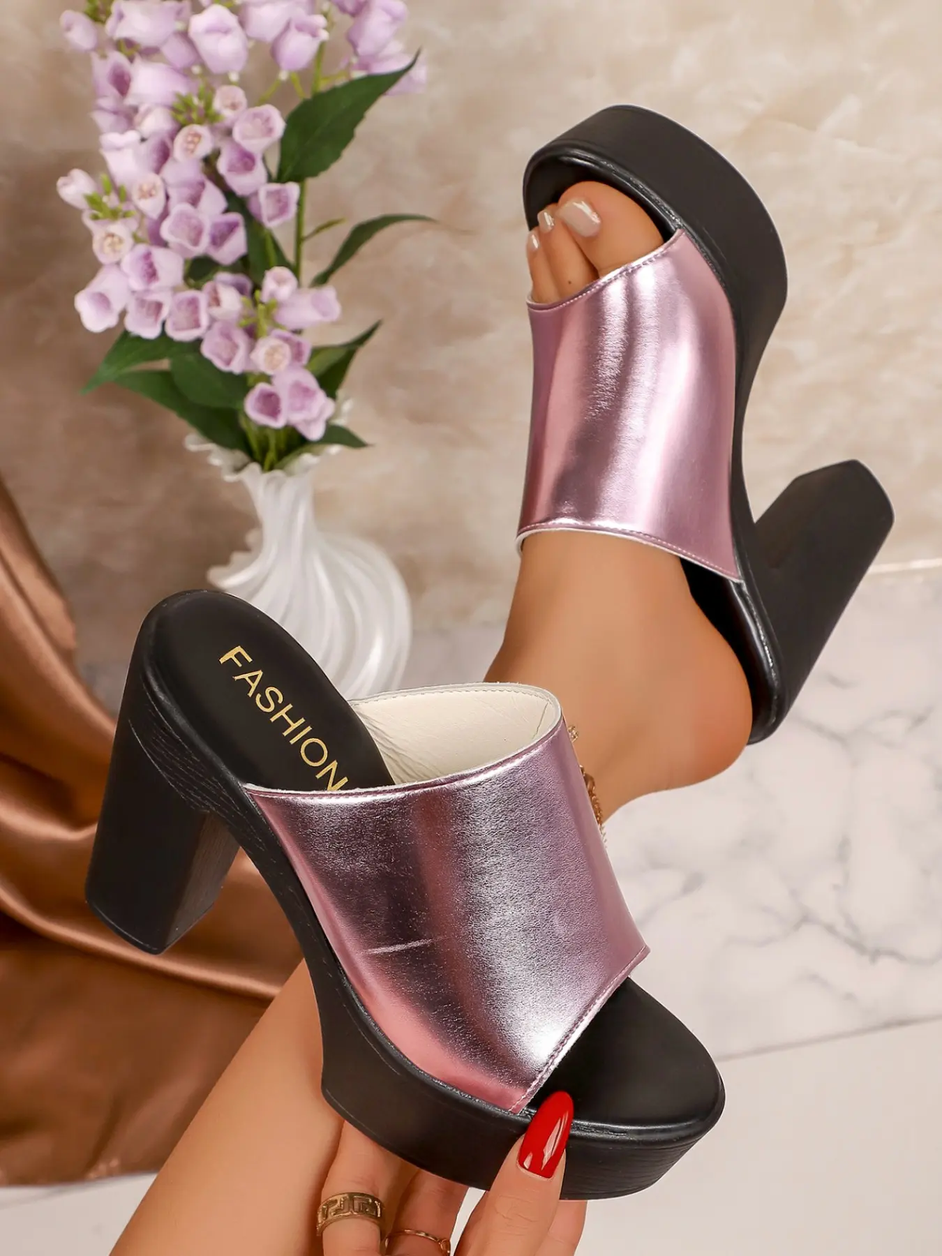 Comfortable Platform Block Heel Slide Sandals for Women,Multiple Styles (Leopard Print/Metallic) Slip-On High Heels | Fashionable Comfortable Summer Shoes for Mature Ladies, Party & Daily Wear Footwear, Casual Summer Footwear, Elegant Fashionable Sandals