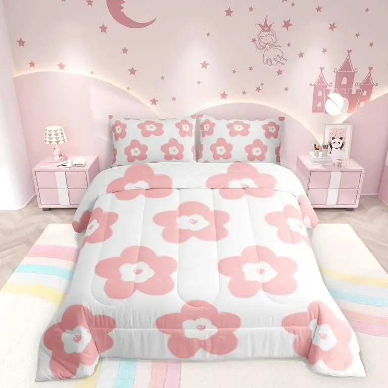 Pink Floral Boys Kids Comforter Set,3D Sunflower Pink White Duvet Set,Room Decor,Daisy Flower Brushed Microfiber Soft Bedding Comforter