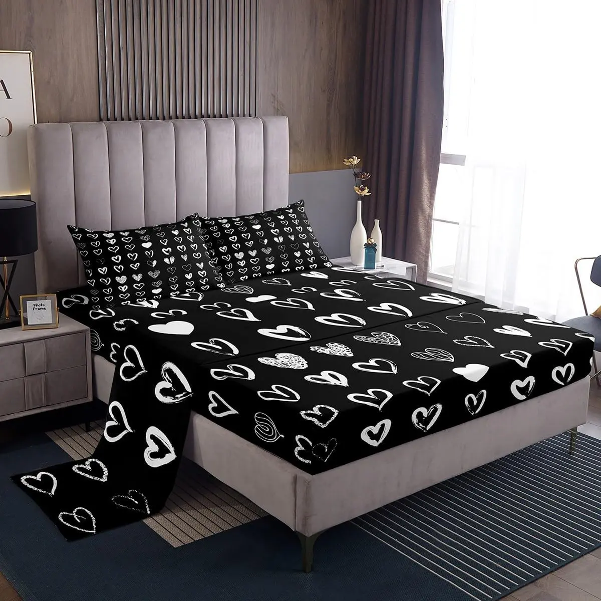 Feelyou Black and White Microfiber Bedding Set - Heart Love Romantic Pattern, Soft Breathable Sheets, Fitted & Flat Sheets Included, Multi-Size, Machine Washable Valentine's Day Bedroom Linens, Flat Sheet, Soft Breathable Sheet