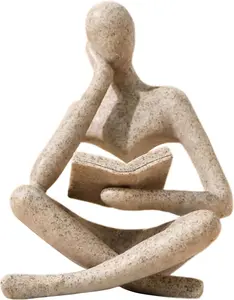Beige Resin Abstract Reading Thinker Statue, Minimalist Home Decor, Living Room Decorations, Bookshelf Figurine & Office Desk Ornament