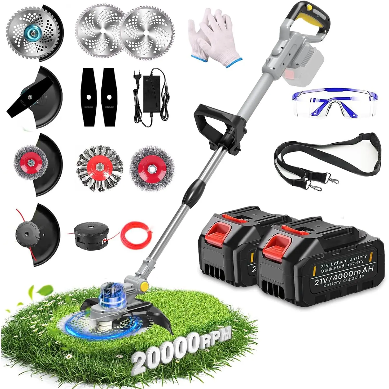 Electric Weed Wacker Cordless,4 in 1 Weed Eater   Brush ,9''Grass Trimmer Stringless Weed Trimmer Lawn Mower Edger Metal  (2 x 21V 4.0Ah  & Charger)