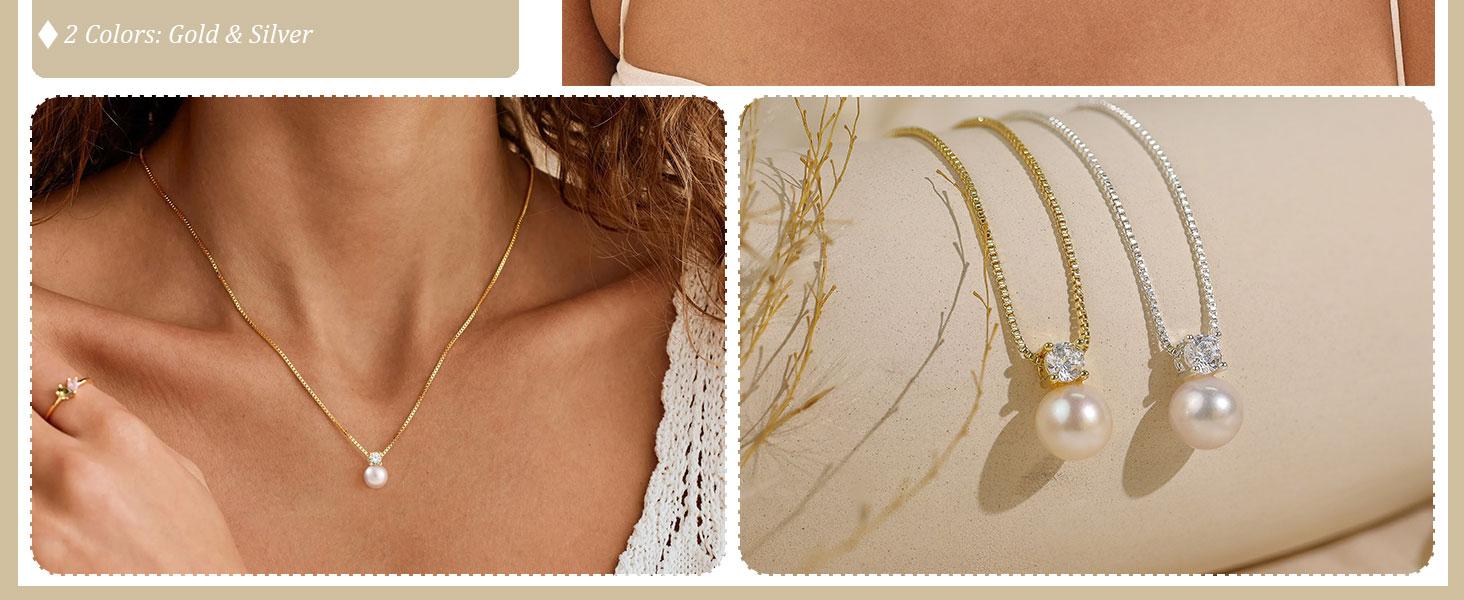 Pearl Necklaces for Women Trendy 6MM 8MM 10MM Dainty Round Natural Freshwater Pearl Necklace Silver 14K Gold Plated CZ Pearls Necklaces for Women Birthday Bridesmaid Wedding Gifts Pearl Jewelry
