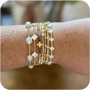 Dainty Cross Clover Gold Beaded Pearl Bracelet Stack for Women,Handmade Boho Beads Stretch Stackable Bracelets Fashion Birthday Prom Jewelry Accessories Gift Friendship