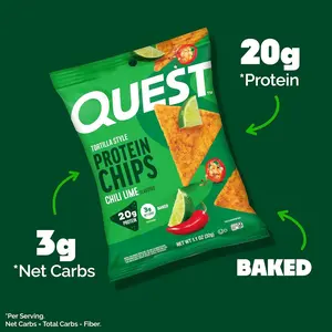 Quest Nutrition Chili Lime Tortilla Style Protein Chips, 20g Protein, Low Net Carbs of 3g, Gluten Free, 1.1 oz (Pack of 12)