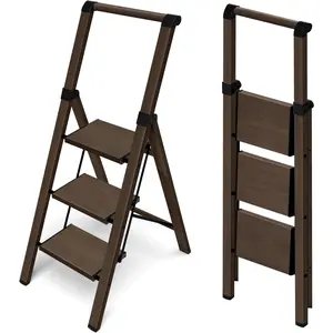 3 Step Foldable  Step Ladder with Handgrip, Anti-Slip Pedal, 330lbs Capacity, Lightweight & Portable for , Kitchen, Office, Garage (Walnut)