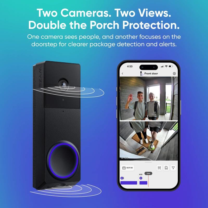 Wyze Duo Cam Doorbell — Battery + Wireless Smart Ring Doorbell Camera, Adhesive Mount, Head-and-Toe View, 2K Quality, 2-Way Talk, Color Night Vision
